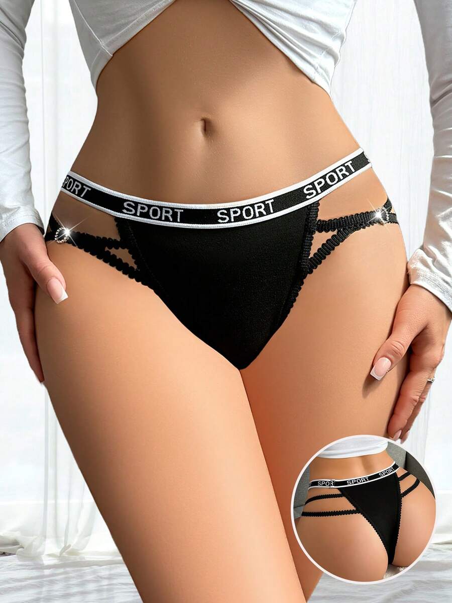 Women's Black Rhinestone Circular Ring Letter Elastic Comfortable Elegant Sexy Thong Panties