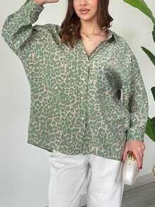 Áo sơ mi nữ cỡ lớn họa tiết da báo xanh lá cây, kiểu dáng thanh lịch, thích hợp cho kỳ nghỉ xuân. - màu xanh lá - Xem 6