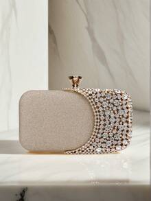 Small Gold Rhinestone Embellished Evening Clutch Bag, Metal Handle Party Handbag, Wedding Bridal Purse, Chain Shoulder Bag - Gold - View 6