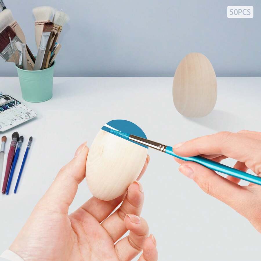 OUKANING 1.57 * 2.36in 50pcs Holzeier, DIY Handwerk Eier, dauerhafte Osterdekoration Eier - Beige - Übersicht 1