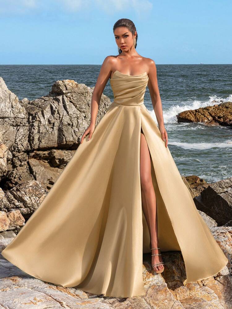 Elegant One-Shoulder Twist Detail Formal Evening Dress, Paired With Flowing A-Line Skirt, Suitable For Ladies Attending Black Tie Galas, Weddings, Awards Ceremonies, Opera Nights, And Charity Balls - Champagne - View 2