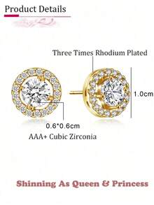1 Pair Round Cubic Zirconia Decor Stud Earrings For Women Wedding Dresses Dating Gift - Vàng - Xem 3
