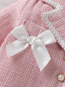 Baby Girls' Fashion Casual Woolen Suit, Bow Tie Belt Lapel Pink Woolen Coat + Bow Tie Pleated Pink Woolen Skirt - Pink - View 5