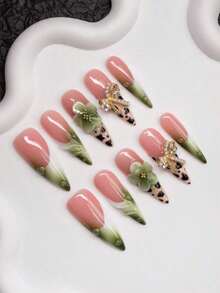 Handmade Almond-Shaped Press-On Nails With Y2K Baddie Style, Featuring Nude, Green, And White Nail Plates With Cream Tip, Tie Dye, Floral Embellishments, Water Drops, And Bow Designs. Designed For Women And Girls, 10Pcs/Set With 3 Size Options, Suitable For Parties, Ceremonies, And Daily Wear. Includes Manicure Tools, Ideal Gift For Ladies And Girls. Nail Supplies Nails(Random Delivery) - 隨機 - 查看 6