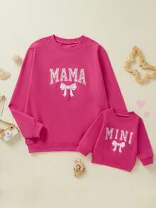 Mommy And Me Matching Outfits Mama And Mini Long Sleeve Crewneck Pullover Tops Mother Baby Sweatshirt Clothes - 玫紅色 - 查看 1