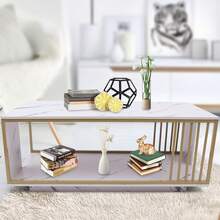 Modern White&Gold Rectangular Coffee Table (39.4*19.7*15.7in), Iron+MDF(PVC Veneer, Marble Pattern), High Gloss Surface, 55.12lb Load, 2 Tiers(Large Storage), Guardrails(Anti-Fall), For Living Room/Sofa Side/Office - 金色,白色 - 查看 5