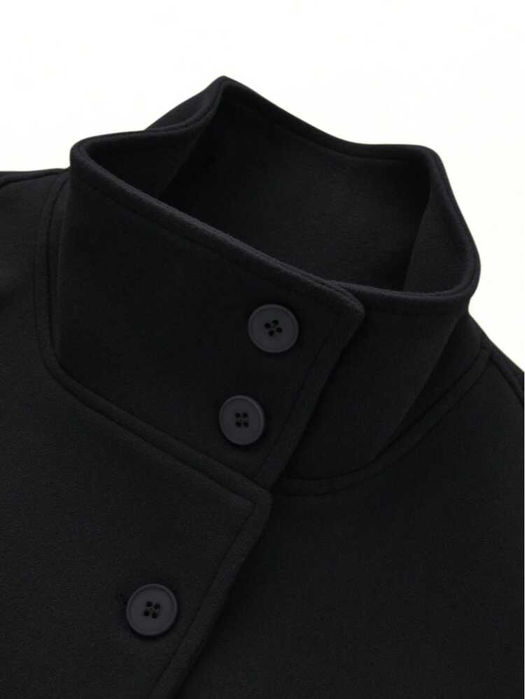 Women's Solid Color Front Button Tie Waist Woolen Cloak, Casual & Date Wear, Autumn/Winter Overcoat Black - Black - View 8