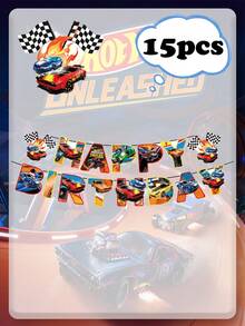 圣诞节、万圣节、感恩节和生日派对装饰套装、风火轮一次性桌布、纸盘、纸杯、纸巾、桌布和横幅、风火轮主题派对用品、派对装饰用品。 - 彩色 - 查看 16