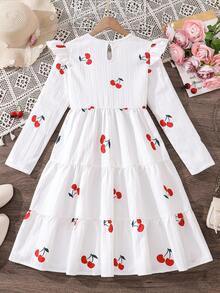 Left Mama Vestido blanco de manga larga con estampado floral y de cerezas elegante para niñas, primavera/otoño