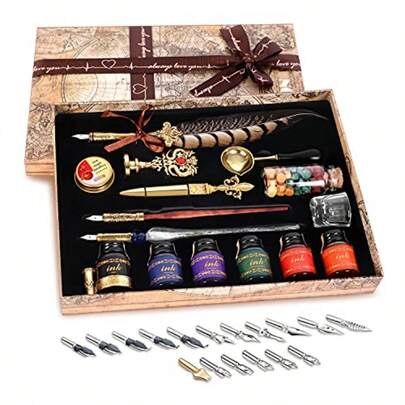NC Quill Pen Ink Setincludes Quill Pen Wooden And Glass Dip Pen 6 Bottles Ink 8 Letter Paper 1 Envelope 17 Replaceable Nibs 1 Bottle Of Fire Lacquer Wax Spoon Seal Stamp Candle Pen Holder Cup.