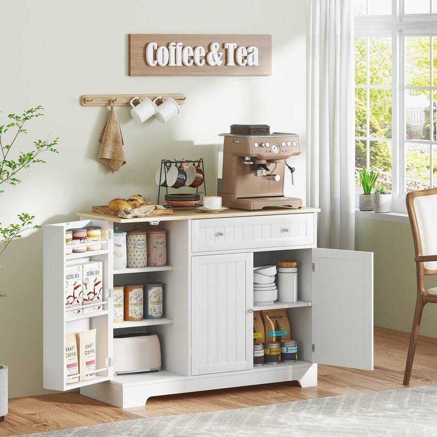 HOMCOM Modern Sideboard Buffet Cabinet With Storage, Coffee Bar Cabinet With Natural Wood Effect Top, Drawer, Adjustable Shelves, Small Kitchen Pantry With Door Shelves, White