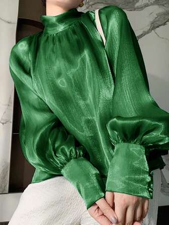 女士加大码优雅时尚泡泡袖高领上衣，长袖复古领系带衬衫