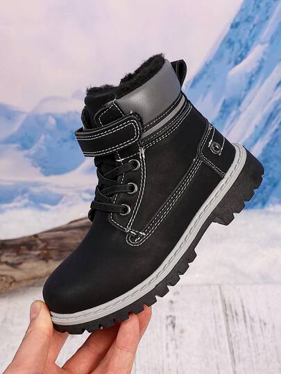 1 Pair Black Colorblock Snow Boots For Teens & Kids, Soft PU Upper, Warm Thermal Lined, Hook And Loop Front Closure, Side Zipper, Round Toe, Thick Sole, Suitable For Boys & Girls, Casual, Travel, School, Holiday, Autumn/Winter