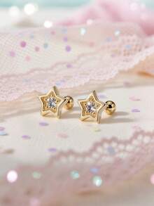 Artepollo 1pc 925 Sterling Silver Hypoallergenic Star Stud Earrings, Inlaid With Sparkling Cubic Zirconia, Spiral Ear Backs For Secure Wear, Delicate & Adorable, Gift Box Packaging, Suitable For Daily Wear Or Holidays, Gift For Girls, Friends, Back To School, Christmas