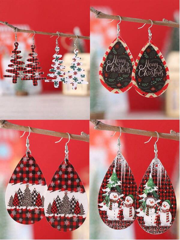 زوجان من أقراط جلد البو ذات نمط شجرة عيد الميلاد الرجعية، وأنماط رقعية وثلجية، مزدوجة الوجه، مجموعة إكسسوارات عيد الميلاد للنساء