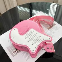 1Pc Y2K Guitar Shaped Bag - Retro Bass Guitar Messenger Bag With Chain Rivet Decor For Music Lovers,Best Valentine Gift For Friends,Best Party Gift - 粉色 - 查看 2