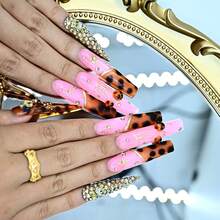Luxury Handmade Long Stiletto Press On Nails, Pink, Tortoise Shell Base, Gold Accents, Reusable Concert Style Summer Easter - Hồng - Xem 5