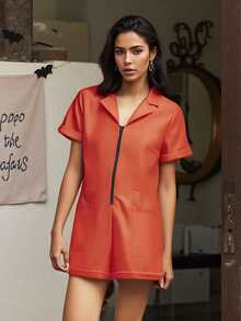 Women's Jail Costume Jumpsuit, Short Sleeve Romper With Belt And Zip Up, Prisoner Inmate Halloween Party Outfit - trái cam - Xem 2