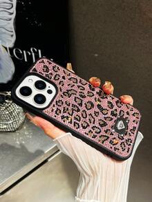 Luxury Pink Leopard Print Fashion Silicone Cheetah 1pc Rhinestone Soft Protective Phone Case Comfortable Grip Compatible With Iphone 17 Pro Max Birthday - Pink - View 4
