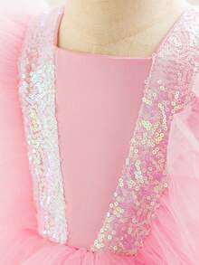 闪亮短袖蝴蝶结拖地公主裙，优雅派对礼服，适合女孩生日派对、花童婚礼、伴娘、舞会、选美比赛、舞台表演等场合 - 粉色 - 查看 6