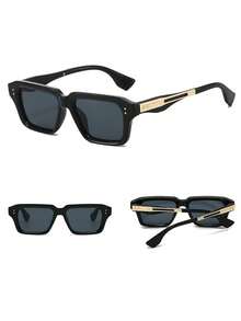 Retro Square Plastic Fashion Sunglasses, Classic Design For Outdoor Travel, Beach, Casual Wear, Summer Sun Protection, Driving, UV Protection Sunglasses For Men - màu đen - Xem 2