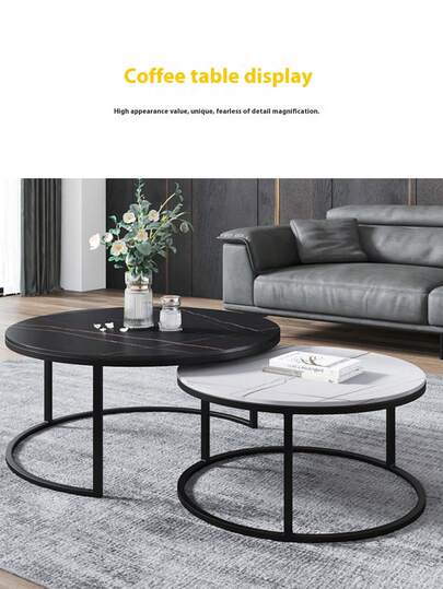 Nesting Coffee Tables, Round Wooden Marble Top, Sturdy Metal Frame, Side Tables Living Room, Bedroom, Balcony Terrace view 4
