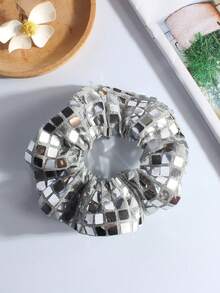 1pc/New Square-Shaped Large Sequin Large Hair Tie, Available In Gold, Black, Pink And Silver. It Combines Fashion Sense And Versatility, Fully Showing A Luxurious And Elegant Temperament. With An Overall Simple, Generous ,Ponytail Holders ,Hair Elastics ,Hair Rubber Bands ,Scrunchies ,Hair Rope