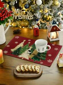 2 piezas Juego de manteles individuales con diseños de árboles de Navidad, copos de nieve y motivos invernales, de 12x18 pulgadas, manteles navideños rojos con árboles de Navidad, manteles de lino rosa y dorado con diseños festivos de Navidad y Año Nuevo para decorar la mesa del hogar, restaurante o cocina en celebraciones familiares y fiestas