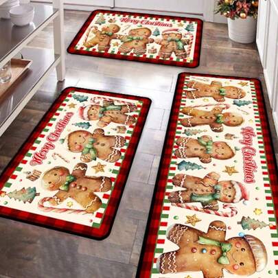 1pc 16"X24" / 16"X47" Christmas Decorative Doormat, Christmas Gingerbread Man Welcome Mat, Plaid Decor Style, Suitable For Christmas Winter Home Decor, Entryway, Patio, Holiday Decoration