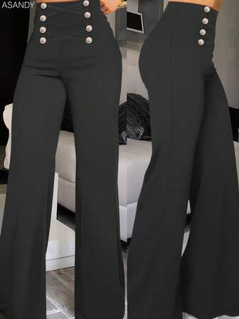 Dambyxor i retrostil med hög midja och guldknappar, 70-talsmodell, vintage för kontor och fritidskläder