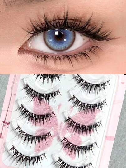 علبة تحتوي على 5 أزواج من رموش صناعية من فرو الأرنب الصناعي 4D بطول 0.07 مم، بتموجات على شكل حرف C وبأطوال مختلفة من 7-12 مم، بشكل شرائط كرتونية طبيعية الشكل، منتجات رموش اصطناعية قابلة لإعادة الاستخدام، مناسبة للمبتدئين.