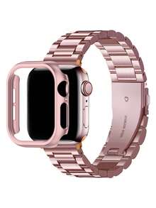 مجموعة سوار ساعة أبل وغطاء واقي للساعة باللون الوردي، متوافق مع ساعات أبل سلسلة Ultra3/2/1، SE، S10/S9/S8/S7/S6/S5/S4/S3/S2/S1، مقاس 38مم 40مم 41مم 44مم 45مم 49مم 42مم 46مم، سوار من الفولاذ المقاوم للصدأ قابل للتعديل، غطاء واقي من مادة البولي كربونات مقاوم للخدش والصدمات، بدون واقي للشاشة، مناسب للنساء/البنات