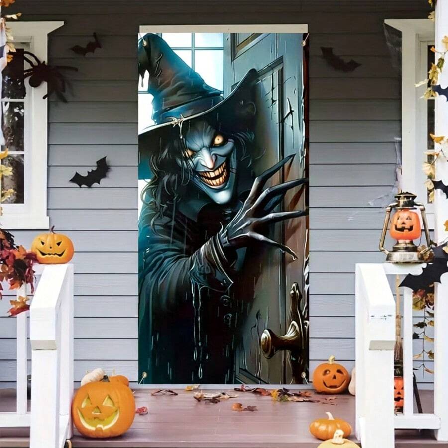 1 pièce Bannière de porte de sorcière d'Halloween HEGO - Décoration suspendue polyvalente en polyester, design de sorcière pointant, toile de fond pour porche et entrée, décoration festive d'extérieur pour l'automne, l'hiver, Noël, Nouvel An 90 x 180 cm