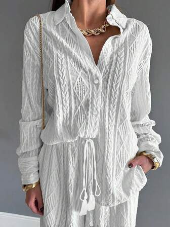 Blusa elegante de mujer de uso diario con patrón floral de espiga jacquard elástico de unicolor + Pantalones rectos de pierna elástica jacquard de unicolor, elegantes y casuales con botones y bolsillos