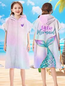 1 Piece Microfiber Hooded Towel Robe For Kids, Zip Up Swim Beach Cover Up For Girls Boys, Cute Mermaid, Cat, Manta Ray Patterns, Surf Poncho Changing Bath Towel
