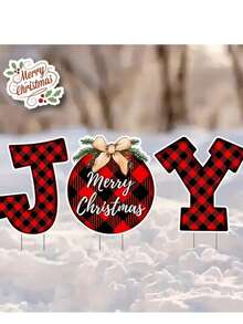 3 Peças Placa de Jardim Natalina JOY - Decoração de Jardim Natalina, Tema Natural e Externo, Estilo de Arte Decorativa, Estacas Decorativas de Jardim Natalino JOY, Material Plástico, Fácil Instalação com Suporte