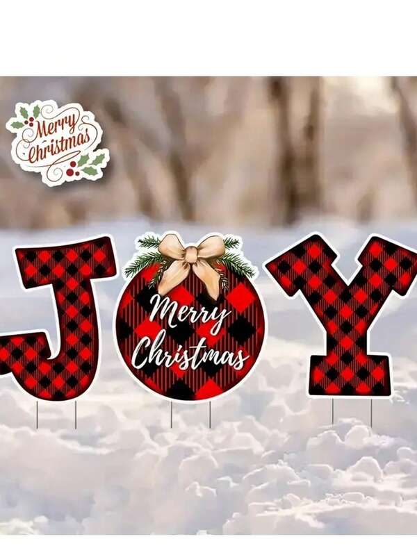 3 Peças Placa de Jardim Natalina JOY - Decoração de Jardim Natalina, Tema Natural e Externo, Estilo de Arte Decorativa, Estacas Decorativas de Jardim Natalino JOY, Material Plástico, Fácil Instalação com Suporte