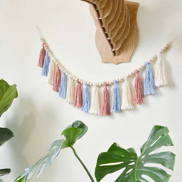 1 Stück Makramee Wandbehang Weihnachten, Boho Stil Faserkunst Wandteppich, Quasten & Holzperlen Hintergrund Vorhang Dekoration, handgewebt für Wohnzimmer, Schlafzimmer, Kopfteil