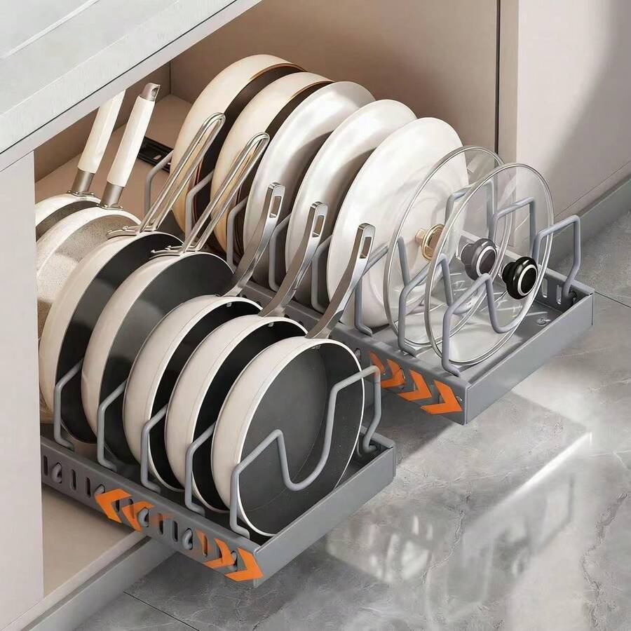 Stozle 1pc Or 2pcs Heavy-Duty 304Stainless Steel-Pull-Out Pot Lid Organizer Rack - Under Cabinet Storage With 8 Adjustable Compartments, Space-Saving Pull-Out Shelf, Compatible With Pots, Pans, Lids - Ideal For Kitchen, Restaurant, Or Home Use - Easy Installation Under Cabinet Organizer, Kitchen Organization, Compact Design, Sturdy Construction, Restaurant Owners - 2Pack灰色 - 查看 1