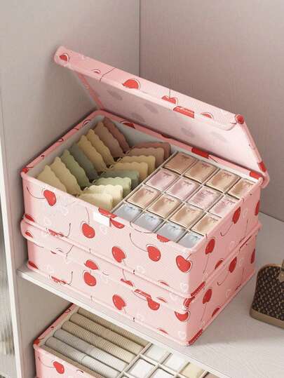 1PC Pink Cherry Print Oxford Fabric Underwear Storage Box - Christmas Collection Storage With Lid, Drawer Organizer For Socks, Underwear & Bras | Ideal Christmas Gift For Her, Suitable For Winter Dormitory/Bedroom Organization, Essential For End-Of-Year Stocking Up (Helps Keep Spaces Tidy To Match Christmas Decorations)