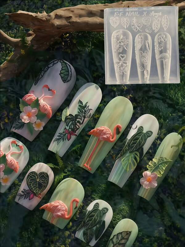 Moldes para unhas em 3D esculpidos com flamingos, pandas, gatos fofos e cachorros.