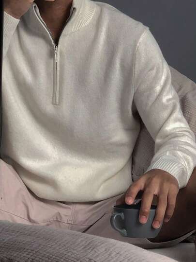 男士纯色长袖休闲拉链立领毛衣，秋冬