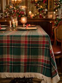 1 件复古美式乡村风格绿色格子编织桌布，带流苏设计，厚实耐用，适合厨房、日常使用、节日、家庭聚会、圣诞派对、婚礼、餐桌装饰 - 綠色 - 查看 2