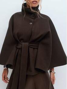 Women's Solid Color Front Button Tie Waist Woolen Cloak, Casual & Date Wear, Autumn/Winter Overcoat - Brown - View 5