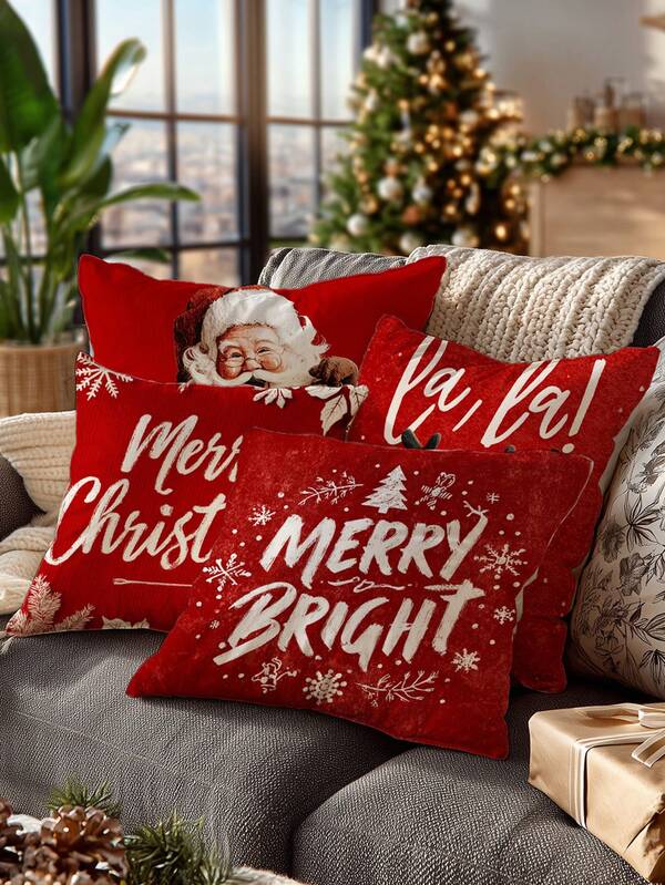 4pcs Christmas Decorative Throw Pillow/Cushion Covers (Red), Digital Printing Technique, Sofa Bedroom Party Decor, Holiday Gift Choice