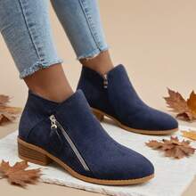 2025 Autumn/Winter Women's Faux Suede Side Zipper Boots, Round Toe Block Heel Classic Boots, Ideal For Pairing With Jeans..Botines De Mujer - Màu xanh hải quân - Xem 2