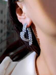 1 Pair Beautiful Pink Cubic Zirconia Pave Sparkling Heart Shaped Leaf Dangle Drop Long Big Hoop Earrings For Women, Daily, Party, Wedding, Engagement Jewelry