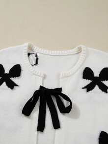 Acelitt Women's White Knit Contrast Color Bow Pattern Casual Loose Cardigan, No Button Design With Tie, Autumn/Winter Sweater - Black and White - View 8