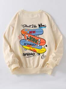 1 Boy's Long Sleeved Round Neck Pullover With "Skateboard" Print Pattern, Providing A Comfortable, Fashionable, And Casual Autumn And Winter New Top For Young Boys/Tween Boys/Teen Boys,Shoulder Hoodie Sweatshirt, Autumn/Winter,Sweatshirt For School, Shopping, Streetwear And Vacation Wear.Suitable For Boys And Girls To Wear,Suitable For Daily Wear,Can Be Given As A Gift To Family, Boyfriend,Girlfriend, Friends,Also Makes A Great Gift