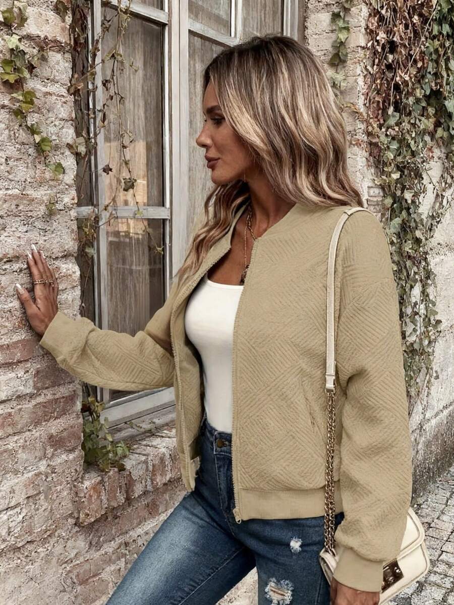 Women's Casual Everyday Zip-Up Jacket - Lightweight Polyester, Textured Fabric, Machine Washable, Perfect For Spring And Fall. Fashion Style - 杏色 - 查看 1